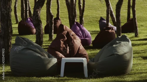 Relaxation area in the park with soft seating for visitors