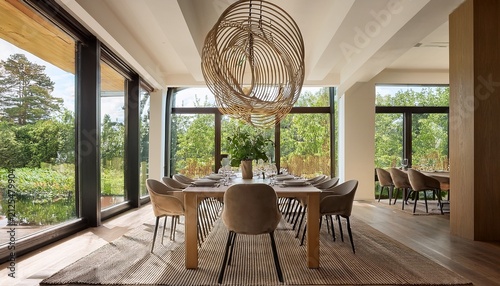 dining table sits in a long room with a sculptural spiral chandelier and floor to ceiling windows showing a garden