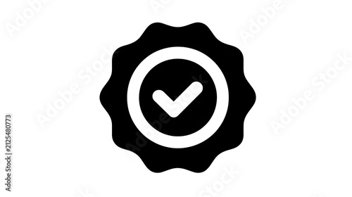 A black and white graphic of a checkmark inside a circle and a jagged seal, representing verification and approval