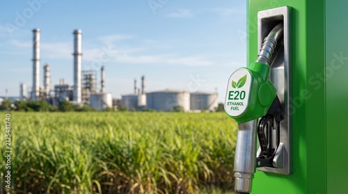 Ethanol fuel nozzle in a field of sugarcane with a refinery in the background. The nozzle indicates E20 Ethanol Fuel and features a green leaf symbol, suggesting a renewable energy source