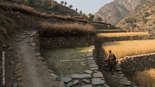 The Parable of the Sower from the Gospels adapted to stepped mountain agriculture, with seeds falling onto a narrow access path, a shallow stone terrace, an abandoned level overtaken by thorn growth, 