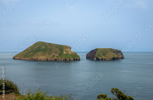 View of Ilhéu de Cabras from Cruz do Canário viewpoint on Terceira Island, Azores, Portugal, featuring two volcanic islets rising from the Atlantic Ocean under a calm blue sky