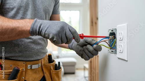 Cuadro en lienzo Professional electrician wearing protective gloves connecting electrical wires to a wall outlet