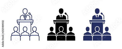 Public Speaking and Presentation Icons Set, Speaker at Podium with Audience Vector Collection