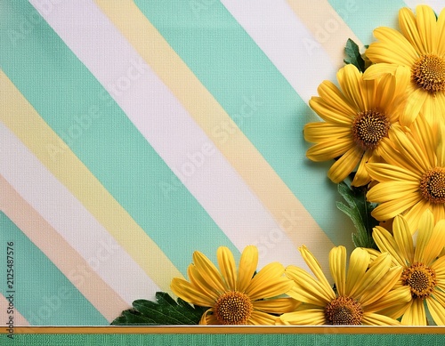yellow daisy flowers with green leaves against a pastel striped background and decorative border