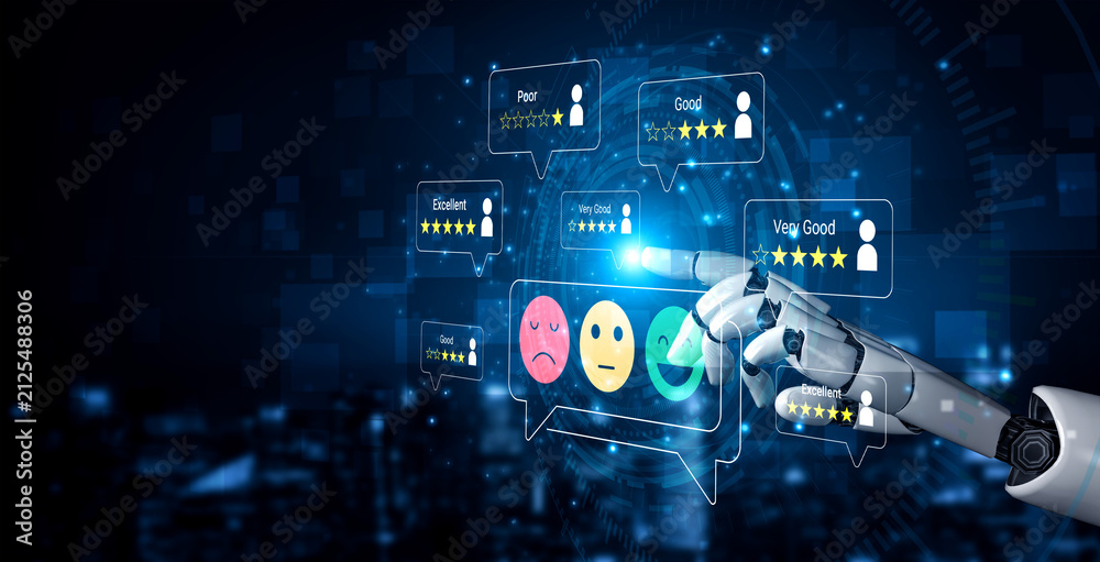 Naklejka premium Futuristic Robot Hand Interacting with Rating System and Emojis on Digital Interface for Customer Feedback and User Experience. Glyphic.