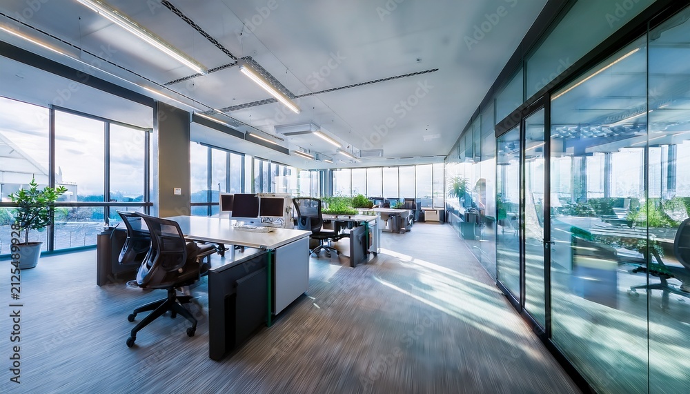 Fototapeta premium blurred office interior featuring desks computers and sleek glass partitions in a brightly lit modern workspace emphasizing an organized layout suitable for collaborative business activities