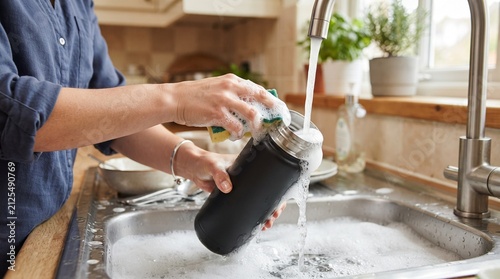 A person meticulously washes a reusable water bottle in a kitchen sink, highlighting sustainable daily habits and hygiene.