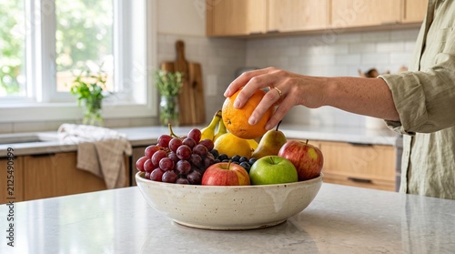 A hand reaches for an orange atop a vibrant bowl brimming with fresh fruits, set against a warm, modern kitchen backdrop.