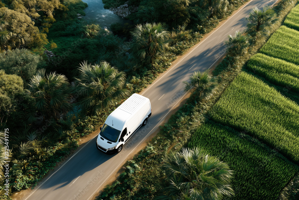 Fototapeta premium An aerial view of a white delivery van driving on a scenic asphalt road through tropical trees and green fields. Commercial transport vehicle in rural landscape