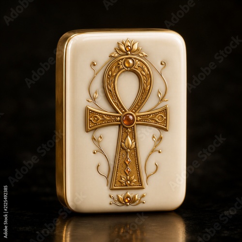 The ancient Egyptian ankh ornament made of luxurious gold and ivory is a symbol of spiritual, eternal life.
