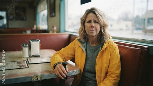 Mature Woman Sitting in Retro Diner Booth Wearing Yellow Jacket