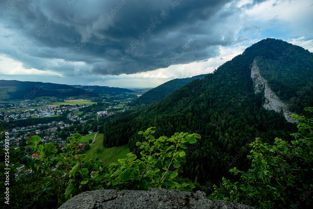 Fototapeta premium Approaching Thunderstorm over Scharnstein in Upper Austria