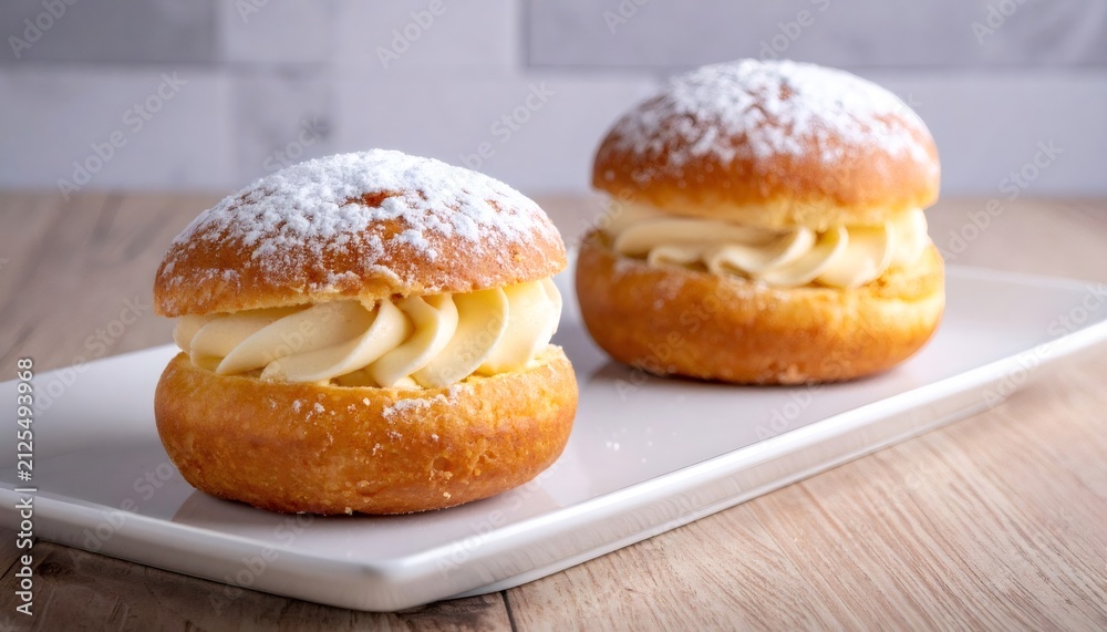 Fototapeta premium Cream filled doughnuts dusted with powdered sugar