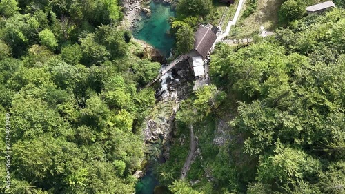 Drone view of Sum waterfall in Vintgar Gorge canyon, Slovenia
