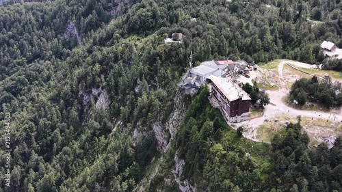 Flight over Vogel cable car upper station in Bohinj, Slovenia