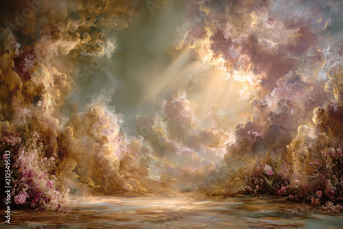 Studio Backdrop. Heavenly Dreamscape. Ethereal Clouds and Floral Fantasy.