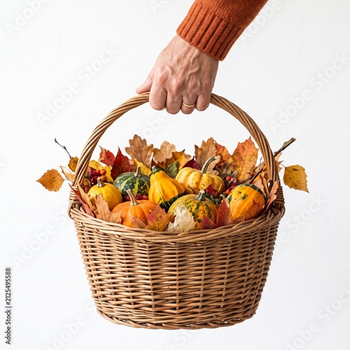 Hand holding a woven basket filled with colorful gourds and autumn leaves, celebrating harvest season