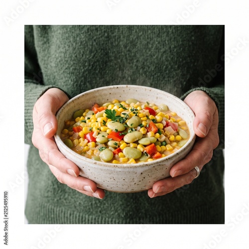 Person holding a bowl of succotash with corn lima beans and red peppers a hearty and healthy dish