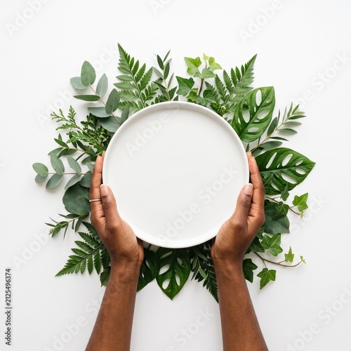 Hands holding a white plate surrounded by lush green leaves and ferns on a white background