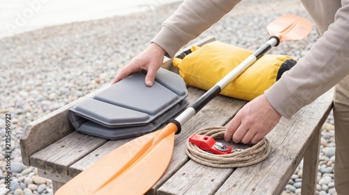Hands organizing a grey foldable seat cushion and a paddle on a wooden bench