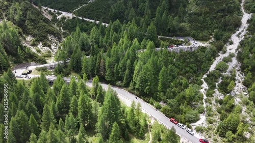 Flight over serpentine Vrsic pass road in Julian Alps, Slovenia
