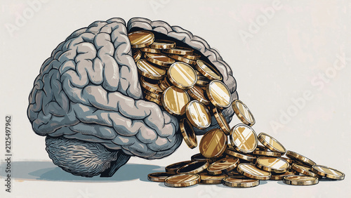 An artificial intelligence brain being drained or overwhelmed by coins representing AI token consumption