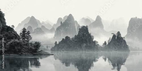 Tranquil misty mountains and river landscape in traditional chinese ink wash painting style