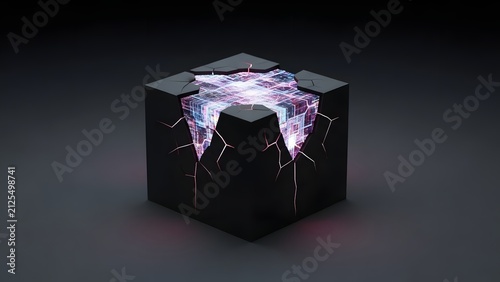 Cracked Cube Reveals Digital Core: Modern Abstract Technology and Mystery Concept