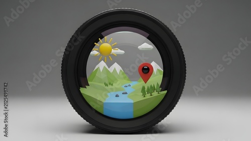 Camera lens with low poly landscape inside, travel photography and location concept