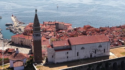 Aerial view of St George Church in historic Piran town, Slovenia