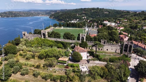 Aerial view of ancient fortress walls of Piran, Slovenia