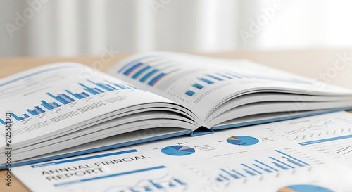 Close-up of Annual Financial Report Book with Bar Charts and Data Graphs for Business Analysis