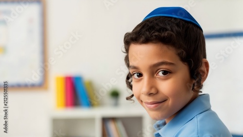 Close up portrait of young orthodox Jewish boy wearing blue kippah and peyot. Traditional religious headwear and cultural identity. Education and diversity