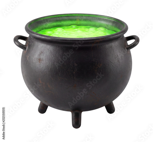 Cauldron with bubbling green liquid isolated on transparent background