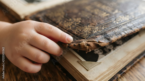 Hand Opening a Vintage Photo Album Corner with Ornate Cover, Close-Up of Family Memories for Storytelling and Nostalgia Marketing Concept