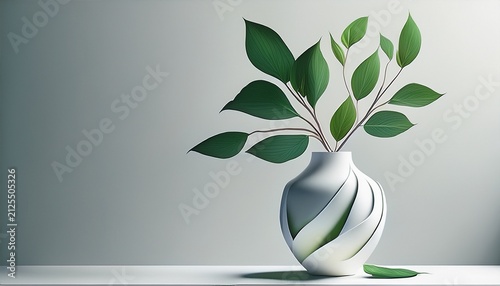 Abstract White Vase With Green Plant On White Background