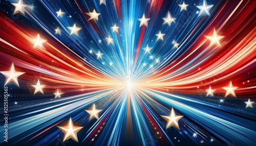 Abstract Patriotic Background With Glowing Stars And Dynamic Light Streaks