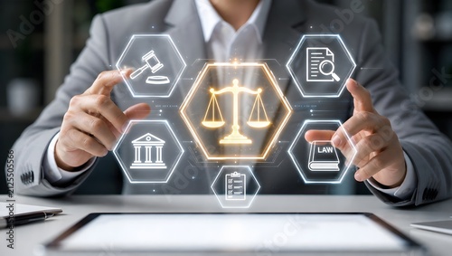 Legal professional interacting with digital interface of justice scales and law icons.