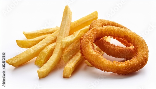 French Fries And Fried Onion Rings Isolated On A White Background