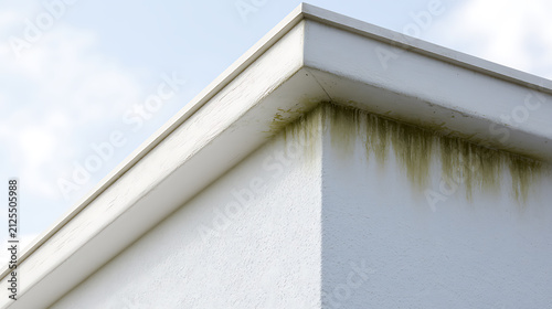 Close-up of a house exterior corner with green streaks of algae and mold, indicating water damage and a need for maintenance and cleaning
