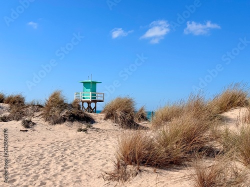 Bild auf Leinwand turquoise lifeguard tower on the beach with beautiful dune landscape and blue sk
