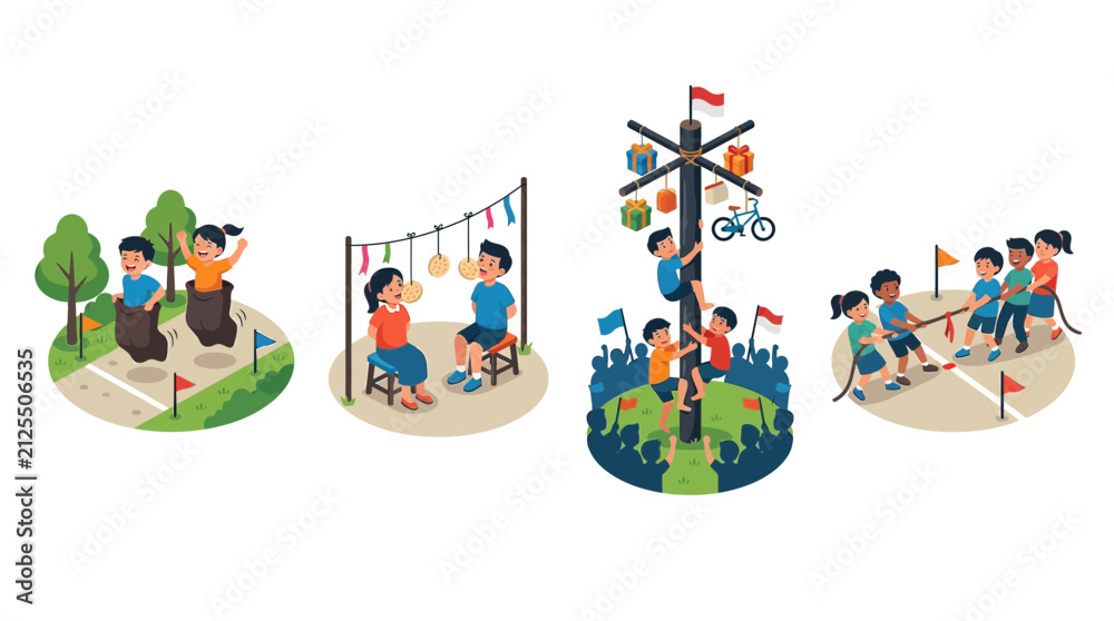 Fototapeta premium Set of illustrations depicting traditional Indonesian independence day celebration games and competitions.
