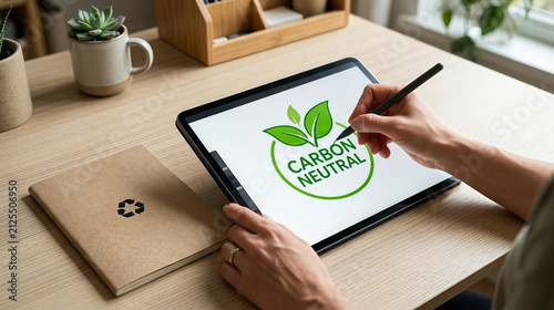A hand drawing carbon neutral eco logo on digital tablet at desk