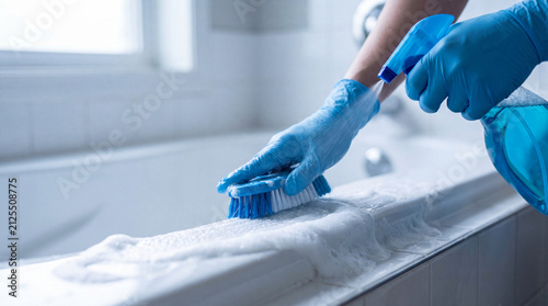 Close-up of a person wearing blue rubber gloves scrubbing a white bathtub with soap suds and a handheld spray cleaner for deep bathroom sanitation.