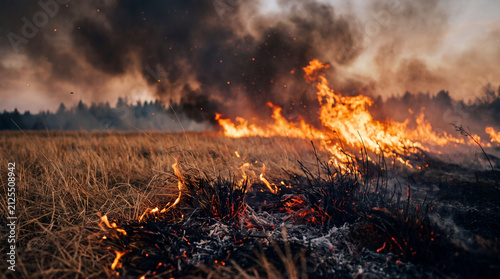 A dramatic view of a destructive wildfire sweeping across a dry grassy field, with intense flames and thick clouds of dark smoke rising into the sky.