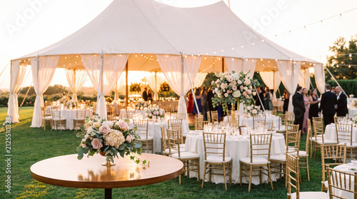 A beautiful outdoor wedding reception featuring round tables, floral centerpieces, and golden chiavari chairs under a white marquee tent during a sunset glow.