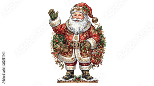 Colorful vintage santa claus figure with detailed costume and accessories