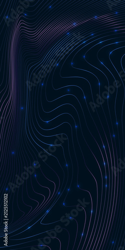Dark background with glowing neon blue topographic contour lines. Vertical graphic for navigation app, terrain survey presentation or luxury automotive dashboard UI