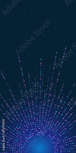 Dark navy background with upward binary code rays and glowing light source. Vertical template for big data app, IT infrastructure story or cloud database slide